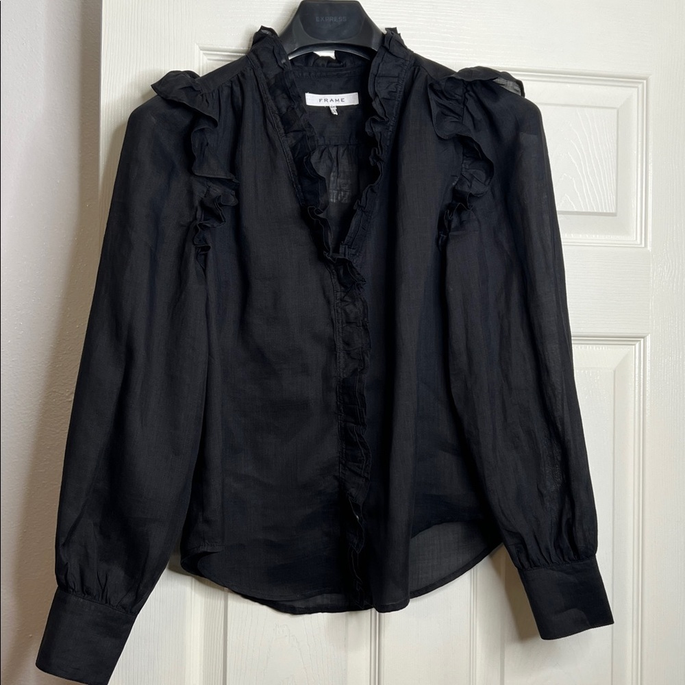 Frame Black Ruffled Blouse 100% RAMIE - Picture 8 of 9